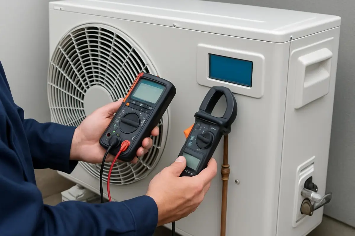 Technicus controleert de efficiëntie van de warmtepomp.