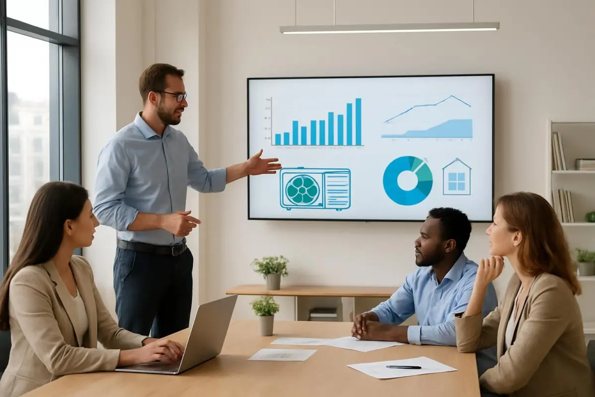 Professionals bespreken nieuwe warmtepomptechnologieën.