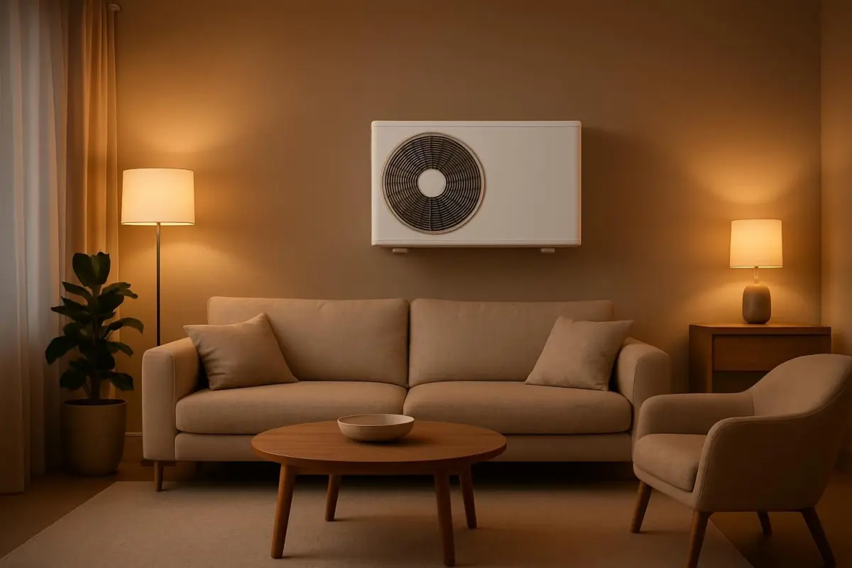 Moderne woonkamer met een efficiënte warmtepomp.