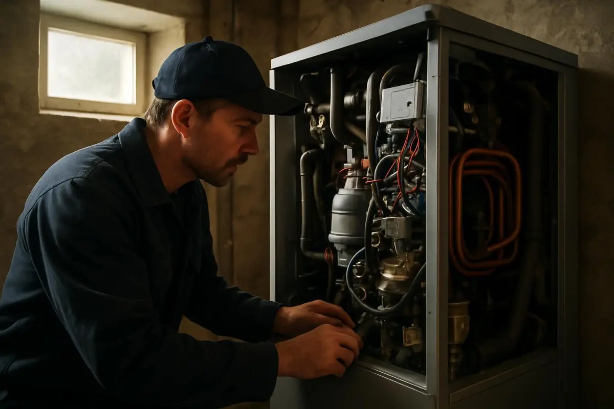 Installateur inspecteert warmtepomp in huis.