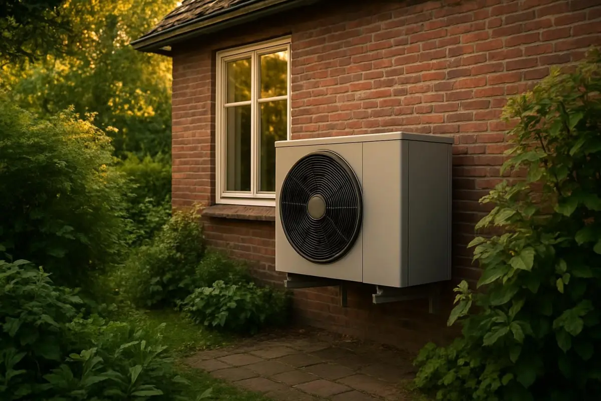 Buiteninstallatie van een warmtepomp in een groene omgeving.