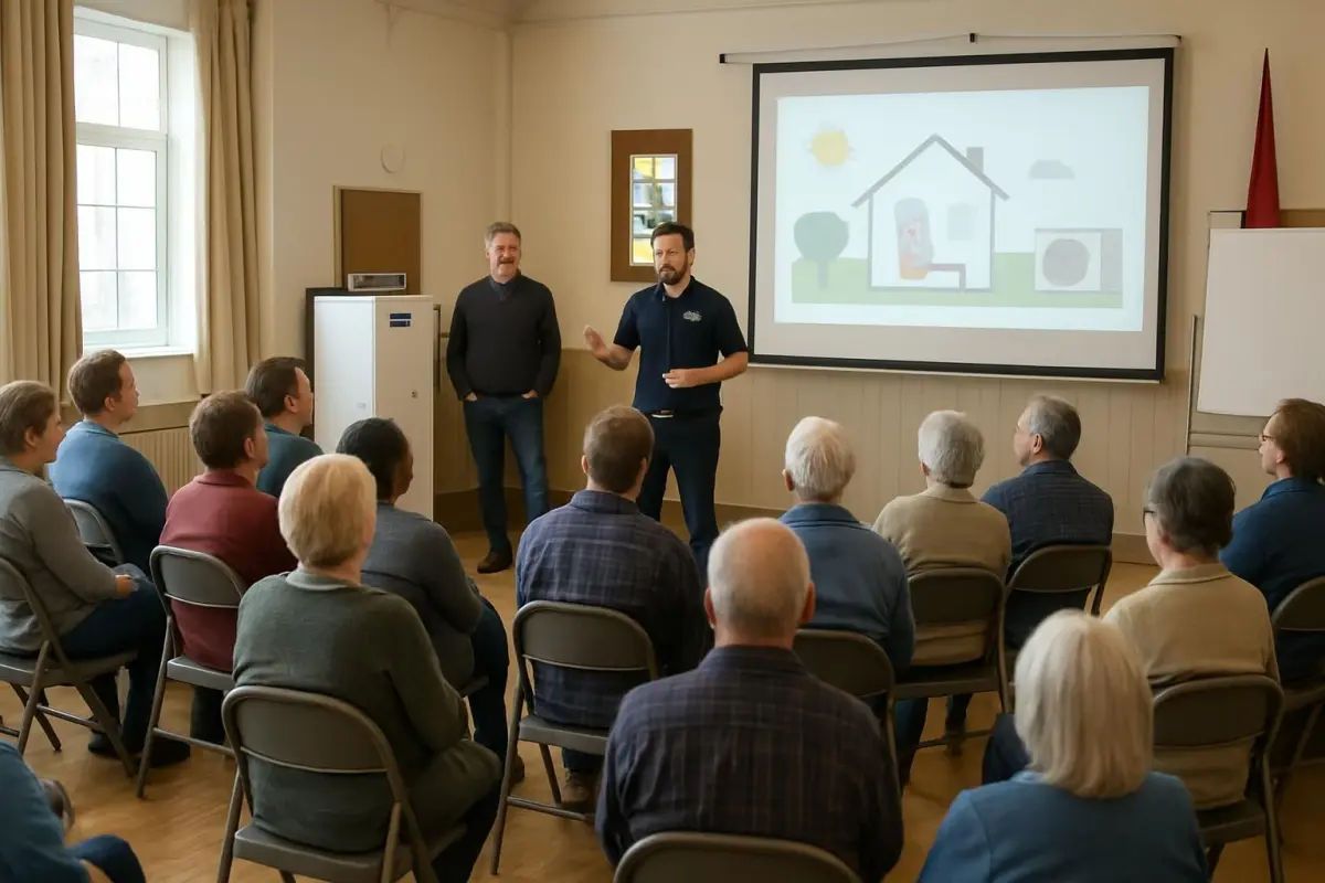 Bewoners leren over warmtepompen in de gemeenschap.