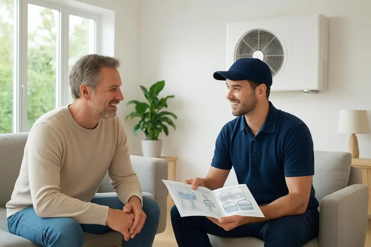 Tevreden huiseigenaar bespreekt opties met installateur.