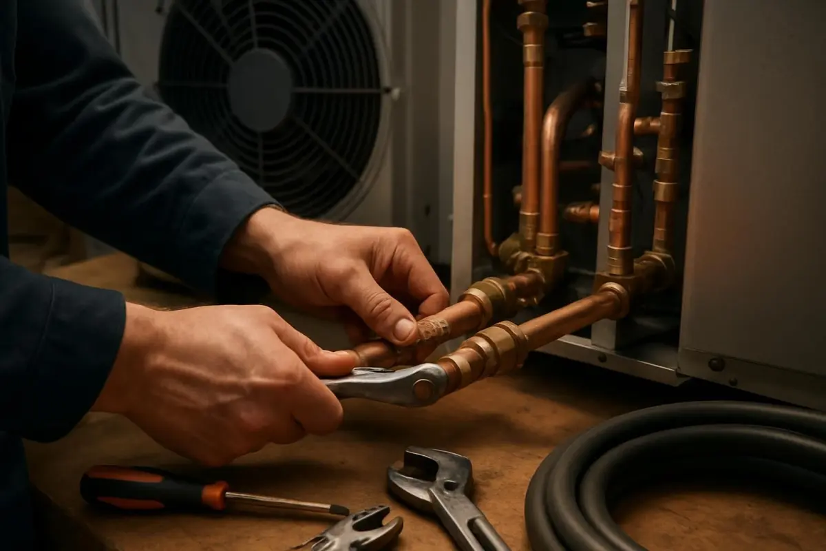 Technicus verbindt leidingen voor warmtepompinstallatie.