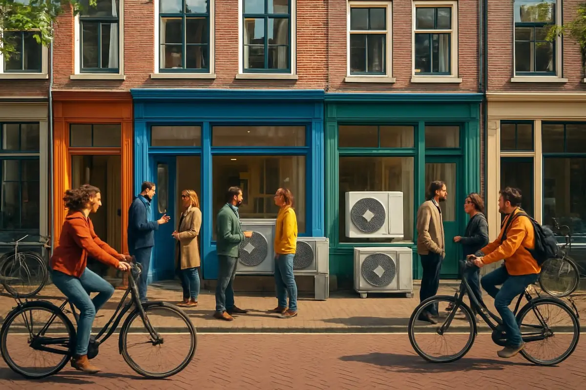 Levendige straat met installateurs in Amsterdam