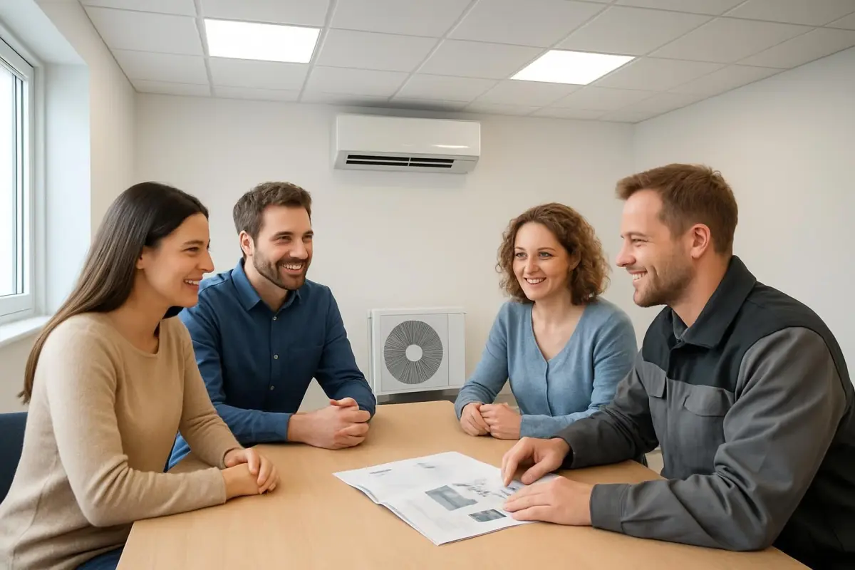 Gesprek tussen huiseigenaren en installateur.