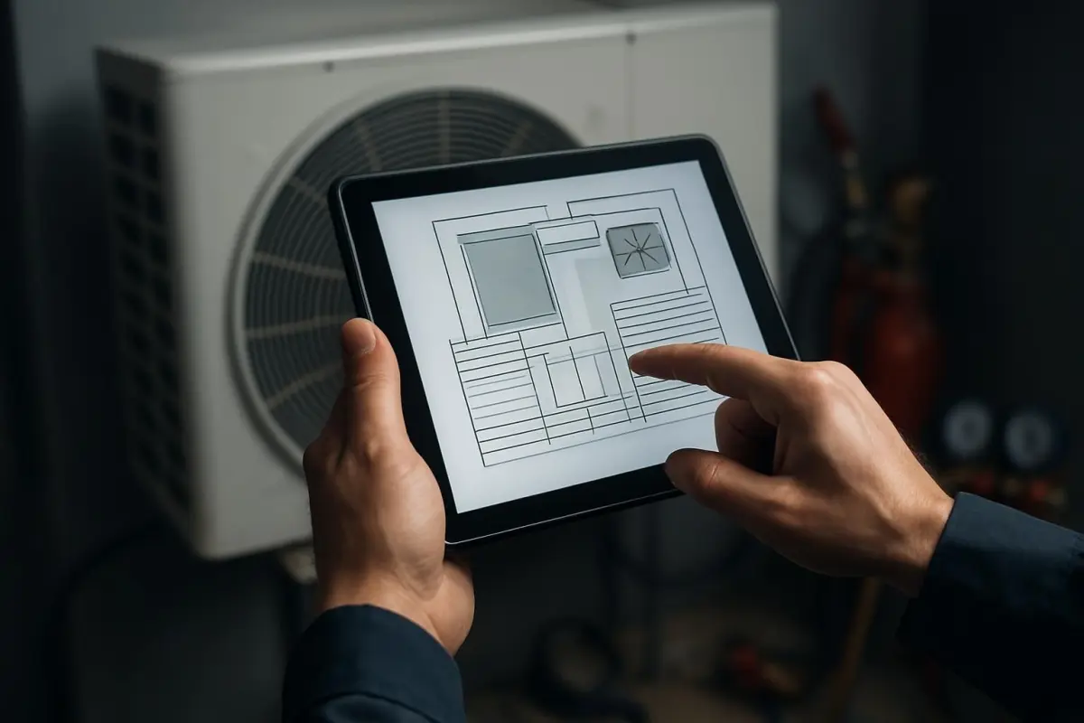 Technicus bekijkt specificaties van de warmtepomp.