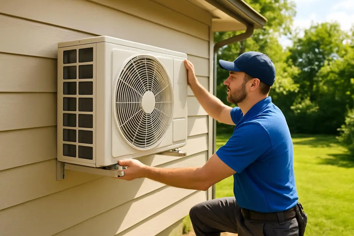 Warmtepomp wordt geïnstalleerd aan een huis.