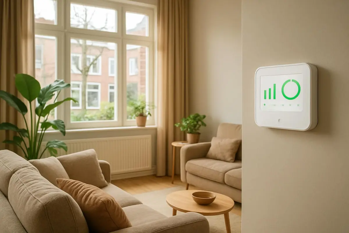 Gezellige woonkamer met energiezuinige thermostaat