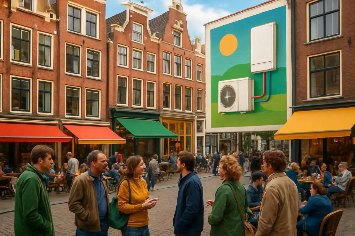 Drukke straat met advertenties voor warmtepompen